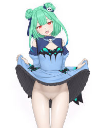 Rule 34 | 1girl, absurdres, blue bow, blue ribbon, bow, breasts, clothes lift, double bun, dress, dress lift, gluteal fold, green hair, hair between eyes, hair bow, hair bun, hair ornament, hair ribbon, half-closed eyes, highres, hololive, kishima, lifted by self, looking at viewer, medium hair, no panties, open mouth, presenting, pussy, red eyes, ribbon, simple background, skull hair ornament, small breasts, smile, solo, thigh gap, uruha rushia, virtual youtuber, white background