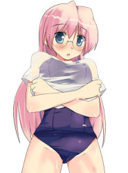 Rule 34 | 00s, blue eyes, crossed arms, glasses, lucky star, no pants, non-web source, one-piece swimsuit, pink hair, school swimsuit, see-through, solo, swimsuit, swimsuit under clothes, takara miyuki