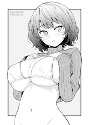 Rule 34 | 1girl, bikini, bikini top only, blush, breasts, clothes lift, commentary request, dated, grey background, greyscale, groin, highres, kichihachi, large breasts, long sleeves, looking to the side, monochrome, navel, original, ribbed sweater, short hair, simple background, solo, sweater, sweater lift, swimsuit, turtleneck, turtleneck sweater, twitter username, two-tone background, white background