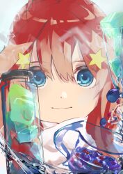 Rule 34 | 1girl, absurdres, ayauchi, berry, blue eyes, bottle, close-up, closed mouth, crystal, go-toubun no hanayome, hair between eyes, hair ornament, highres, long hair, looking at viewer, nakano itsuki, red hair, scarf, star (symbol), star hair ornament, white scarf