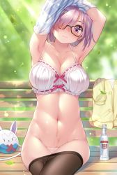 Rule 34 | 1girl, alcohol, armpits, arms behind head, arms up, bad proportions, bare shoulders, bench, blush, bottle, bottomless, bow, bow bra, bra, breasts, cleavage, closed mouth, clothes lift, clothes pull, collarbone, commentary request, fate/grand order, fate (series), glasses, hair over one eye, hamadamiku01, highres, hip focus, jacket, unworn jacket, large breasts, leaf, crossed legs, lens flare, light particles, light purple hair, looking at viewer, mash kyrielight, navel, no panties, pantyhose, pantyhose pull, purple eyes, shirt lift, short hair, sitting, solo, stomach, sunlight, sweater, underwear, vodka, wakamezake, white bra, yellow jacket