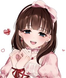 Rule 34 | 1girl, blunt bangs, blush, bound, brown hair, choker, dress, earrings, floral print, frilled choker, frills, hairband, heart, heart-shaped pupils, heart earrings, highres, idolmaster, idolmaster cinderella girls, jewelry, looking at viewer, medium hair, pink dress, pink hairband, puffy short sleeves, puffy sleeves, riria arank, sakuma mayu, short sleeves, simple background, smile, solo, symbol-shaped pupils, upper body