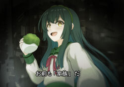 Rule 34 | 1girl, blurry, blush, bright pupils, commentary request, dark background, depth of field, food, green hair, green hairband, green sailor collar, hairband, hand up, holding, holding food, long hair, long sleeves, looking at viewer, neck ribbon, open mouth, parody, reaching, reaching towards viewer, red ribbon, resident evil, resident evil 7: biohazard, ribbon, sailor collar, scene reference, school uniform, serafuku, shirayume (shirayumetei), shirt, sidelocks, smile, solo, subtitled, touhoku zunko, translation request, upper body, voiceroid, white pupils, white shirt, yellow eyes, zunda mochi