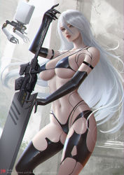 Rule 34 | 1girl, android, artist name, bikini, black bikini, black gloves, black thighhighs, blue eyes, breasts, elbow gloves, gloves, hair between eyes, highleg, highleg bikini, holding, holding sword, holding weapon, joints, large breasts, long hair, looking at viewer, navel, nier (series), nier:automata, parted lips, patreon username, pod (nier:automata), robot joints, sade abyss, swimsuit, sword, thighhighs, torn clothes, torn legwear, weapon, white hair, a2 (nier:automata)