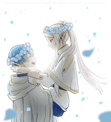 Rule 34 | 1boy, 1girl, blue flower, blue hair, capelet, carrying, carrying person, cloak, closed eyes, commentary, couple, earrings, elf, english commentary, flower, flower wreath, frieren, from side, green eyes, head wreath, hetero, himmel (sousou no frieren), jewelry, long hair, looking at another, nemophila (flower), open mouth, petals, pointy ears, profile, ring, smile, sousou no frieren, twintails, white background, white capelet, white hair, yizhi xigua