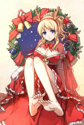 Rule 34 | 10s, 1girl, adapted costume, antlers, ayase eli, bare legs, barefoot, blonde hair, blue eyes, breasts, capelet, christmas, cleavage, elbow gloves, feet, gloves, hairband, highres, horns, large breasts, light smile, looking at viewer, love live!, love live! school idol project, off shoulder, parted lips, ponytail, reindeer antlers, revision, santa costume, short ponytail, sindre, sitting, soles, solo, thighs, toes, white gloves