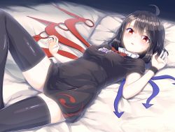 Rule 34 | 1girl, ahoge, asymmetrical wings, bed sheet, black dress, black hair, black thighhighs, blush, bow, bowtie, dated, dress, highres, houjuu nue, kisamu (ksmz), looking at viewer, lying, on back, open mouth, orange eyes, pillow, red bow, red bowtie, short hair, short sleeves, solo, thighhighs, touhou, wings, zettai ryouiki