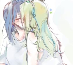 Rule 34 | 2girls, absurdres, blue hair, blue heart, blush, bow, bow earrings, ceres fauna, commentary, earrings, english commentary, closed eyes, green hair, heart, highres, hololive, hololive english, jewelry, kiss, legzy, multiple girls, ouro kronii, virtual youtuber, yuri