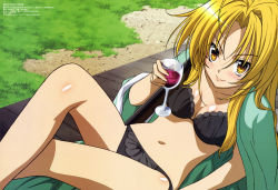 Rule 34 | 1girl, absurdres, ahoge, alcohol, alternate hairstyle, bikini, black bra, black panties, blonde hair, blush, body blush, bow, bow panties, bra, breasts, cleavage, crossed legs, cup, day, drink, drinking glass, from above, grass, hair between eyes, hair down, hair intakes, highres, holding, japanese clothes, kimono, knee up, lace, lace-trimmed bra, lace-trimmed panties, lace trim, legs, light smile, long hair, looking at viewer, lying, maehara momoko, megami magazine, navel, non-web source, oda nobuna, oda nobuna no yabou, official art, on back, open clothes, open kimono, open shirt, outdoors, panties, parted bangs, reclining, scan, shirt, small breasts, smile, solo, swimsuit, underwear, veranda, wine, wine glass, yellow eyes