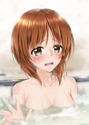 Rule 34 | 1girl, bath, bathing, blush, breasts, brown eyes, brown hair, commentary request, frown, girls und panzer, highres, looking at viewer, medium breasts, mini dang01, nishizumi miho, nude, open mouth, partial commentary, short hair, solo, steam, water, wet