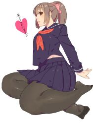 Rule 34 | 1girl, arm support, bad drawr id, bad id, black pantyhose, black sailor collar, black serafuku, black skirt, bow, brown eyes, brown hair, character request, copyright request, feet, foreshortening, full body, hair bow, heart, legs, long hair, looking at viewer, midriff peek, neckerchief, no shoes, oekaki, pantyhose, parted lips, pego (peco peco), pink bow, pleated skirt, ponytail, profile, red neckerchief, sailor collar, school uniform, serafuku, sidelocks, simple background, sitting, skirt, soles, solo, thighs, toes, translation request, white background