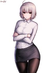 Rule 34 | 1girl, ahoge, alternate costume, artist name, bad id, bad pixiv id, black pantyhose, black skirt, breasts, brown eyes, collared shirt, cowboy shot, crossed arms, eyebrows hidden by hair, fate/grand order, fate (series), frown, hair between eyes, highres, jeanne d&#039;arc (fate), jeanne d&#039;arc alter (avenger) (fate), jeanne d&#039;arc alter (fate), kagi f, leggings, long sleeves, looking at viewer, medium breasts, miniskirt, open mouth, pantyhose, pencil skirt, shirt, shirt tucked in, short hair, skirt, solo, standing, thigh gap, white background, white hair, white shirt