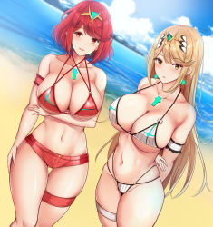 Rule 34 | 2girls, arm garter, arms behind back, bare shoulders, beach, bikini, blonde hair, blue sky, blush, breasts, chest jewel, cleavage, collarbone, day, earrings, highres, jewelry, large breasts, long hair, looking at viewer, micro shorts, multiple girls, mythra (xenoblade), navel, nintendo, noeomi, open mouth, outdoors, pyra (xenoblade), red bikini, red eyes, red hair, shore, short hair, shorts, sky, smile, swept bangs, swimsuit, thigh strap, thighs, tiara, white bikini, xenoblade chronicles (series), xenoblade chronicles 2, yellow eyes