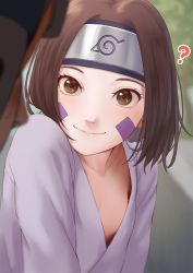 Rule 34 | 1boy, 1girl, ?, blurry, blurry background, blush, breasts, brown eyes, brown hair, clueless, collarbone, downblouse, forehead protector, highres, konohagakure symbol, looking at viewer, mil k vanilla, naruto, naruto (series), no bra, nohara rin, parted bangs, short hair, small breasts, smile, solo focus, uchiha obito