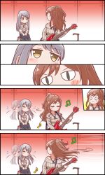 Rule 34 | 2girls, 4koma, :3, bang dream!, black skirt, blush stickers, brown eyes, brown hair, center frills, closed eyes, comic, dancing, earrings, electric guitar, finger to face, frills, grey hair, grey sweater, guitar, guitar stand, half updo, hands on lap, highres, holding, holding instrument, imai lisa, indoors, instrument, jewelry, kyou (fr39), long hair, long sleeves, looking back, minato yukina, multiple girls, music, musical note, neck ribbon, o o, off-shoulder, off-shoulder sweater, off shoulder, pendant, playing instrument, ribbed sweater, ribbon, silent comic, sitting, skirt, slit pupils, sweater, u u, white neckwear