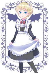 Rule 34 | 1boy, androgynous, apron, ara (sora-ageha), ascot, black dress, black pantyhose, blonde hair, bow, buttons, closed mouth, crossdressing, demon wings, dot nose, dress, eyelashes, feet out of frame, frilled apron, frills, juliet sleeves, kiryu miharu, long sleeves, maid, maid headdress, male focus, pantyhose, puffy sleeves, red bow, smile, solo, white apron, white ascot, white background, wings, witch watch
