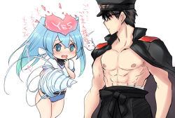 Rule 34 | 1boy, 1girl, abs, alternate costume, black hair, blue buruma, blue eyes, blue hair, blush, buruma, character request, commentary request, drill, glasses, gradient hair, gym shirt, gym uniform, hair between eyes, hat, headband, heart, looking to the side, mizuki takehito, multicolored hair, muscular, open mouth, peaked cap, red eyes, shirt, topless male, short hair, short sleeves, simple background, suijingiri kanemitsu, tenka hyakken, toned, translation request, twintails, white background
