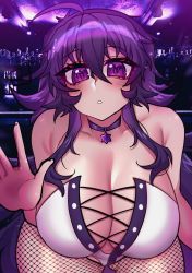 Rule 34 | 1girl, absurdres, ahoge, bar (place), bent over, blush, breasts, choker, cleavage, crawling dreams, fishnets, hand up, highres, huge breasts, jewelry, looking at viewer, necklace, nyarla (osiimi), osiimi, pov, purple eyes, purple hair, purple neckwear, purple theme, revealing clothes, star (symbol), star necklace, thick thighs, thighs