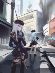 Rule 34 | 1other, 2girls, assault rifle, beret, black footwear, black headwear, black thighhighs, blue hair, building, bullpup, car, caseless firearm, city, closed mouth, commentary, contrapposto, danraz0r, english commentary, facing away, fire escape, g11 (girls&#039; frontline), girls&#039; frontline, gloves, green eyes, grey hair, gun, h&amp;k g11, h&amp;k hk416, hat, highres, hk416 (girls&#039; frontline), holding, holding gun, holding radio, holding weapon, holster, light blue hair, long hair, long sleeves, looking to the side, military, motor vehicle, multiple girls, outdoors, paid reward available, power lines, profile, radio antenna, red eyes, rifle, road, ruins, sketch background, skirt, standing, street, suppressor, thigh holster, thighhighs, trigger discipline, utility pole, weapon, white gloves, wide shot, zettai ryouiki