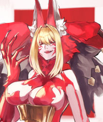 Rule 34 | 1girl, animal ear fluff, animal ears, bare shoulders, blonde hair, colored skin, facial mark, fate/grand order, fate (series), fingernails, gumi (the eye of darkness), hair between eyes, highres, long fingernails, medium hair, nero claudius (fate), nero claudius (fate) (all), open mouth, queen draco (beast vi/s) (fate), queen draco (fate), red eyes, red skin, sharp fingernails, smile, solo, teeth, upper body, upper teeth only, very long fingernails