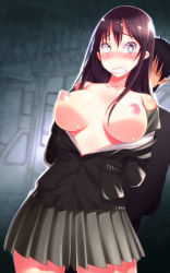 Rule 34 | 1boy, 1girl, arms behind back, black hair, blush, breasts, breasts out, chikan, clenched teeth, hetero, highres, large breasts, legs, long hair, multicolored eyes, nabesekizaiten, nipples, no bra, open clothes, pleated skirt, rape, school uniform, shibuya rin, skirt, solo focus, standing, teeth, thighs, train, train interior