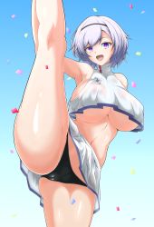 Rule 34 | 1girl, :d, arm behind back, armpits, ass, azur lane, bare legs, bare shoulders, black hairband, black panties, blue background, breasts, cheerleader, commentary request, confetti, covered erect nipples, cowboy shot, crop top, crop top overhang, eagle union (emblem), grey hair, hairband, highres, holding own foot, kumanosita, large breasts, leg lift, leg up, looking at viewer, midriff, miniskirt, navel, no bra, open mouth, panties, parted hair, purple eyes, reno (azur lane), reno (biggest little cheerleader) (azur lane), see-through, see-through skirt, shiny clothes, shiny skin, shirt, short hair, sidelocks, skirt, sleeveless, smile, solo, standing, standing on one leg, underboob, underwear
