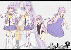 Rule 34 | 1girl, amemiya ruki, blue eyes, character sheet, dress, flat chest, letterboxed, long hair, looking at viewer, one-piece swimsuit, open mouth, outstretched arms, pixiv fantasia, pixiv fantasia new world, profile, purple hair, solo, swimsuit, translation request, very long hair