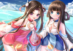 Rule 34 | 2girls, absurdres, beach, blue dress, blue eyes, blue oath, breasts, brown hair, cleavage, cleavage cutout, closed mouth, clothing cutout, collarbone, crescent, crescent cutout, day, detached sleeves, dress, duplicate, hair ornament, hair rings, highres, long hair, long sleeves, medium breasts, multiple girls, ning hai (blue oath), ocean, open mouth, pelvic curtain, ping hai (blue oath), pink dress, purple eyes, rabbit hair ornament, rukinya (nyanko mogumogu), short dress, sidelocks, sky, smile, standing, wading, water, wide sleeves