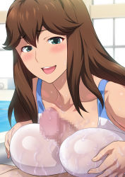 Rule 34 | 1boy, 1girl, air mattress, bare shoulders, blue eyes, blush, breasts, breasts squeezed together, brown hair, censored, character request, day, hair between eyes, highres, indoors, jk fuuzoku gakuensai, joy ride, large breasts, long hair, looking at viewer, lotion, lotion play, lube, lying, madoka-chan (jk fuuzoku gakuensai), mosaic censoring, nuru massage, oil, open mouth, original, paizuri, paizuri over clothes, penis, pool, sleeveless, soapland, solo focus, swimsuit, water, wet, wet clothes