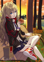 Rule 34 | 1girl, :d, ahoge, autumn leaves, bag, bench, black jacket, black skirt, blue eyes, brand name imitation, brown hair, burger, collared shirt, commentary request, ear piercing, fast food, food, food on face, hair between eyes, hair intakes, highres, holding, holding food, jacket, long hair, mcdonald&#039;s, minamoto mamechichi, nail polish, necktie, on bench, open clothes, open jacket, open mouth, original, outdoors, paper bag, park bench, piercing, plaid necktie, plaid neckwear, pleated skirt, purple nails, purple necktie, red footwear, school uniform, shirt, shoe soles, shoes, signature, sitting, skirt, sky, smile, sneakers, socks, solo, sunset, teeth, tree, upper teeth only, very long hair, white shirt, white socks