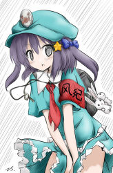Rule 34 | 1girl, armband, black eyes, blush, bow, covering privates, covering crotch, cowboy shot, crab, green dam, green skirt, hair bow, hair ornament, hat, key, looking at viewer, masuchi, os-tan, personification, purple hair, rabbit, ribbon, skirt, skirt tug, solo, source request, start, twintails