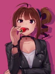 Rule 34 | 1girl, ahoge, arm up, black jacket, bracelet, breasts, choker, cleavage, collarbone, drill hair, food, fruit, holding, holding food, idolmaster, idolmaster million live!, jacket, jewelry, kamille (vcx68), large breasts, leather, leather jacket, long sleeves, looking at viewer, open mouth, pink background, scrunchie, shirt, short hair, side drill, simple background, solo, star (symbol), star choker, strawberry, teeth, upper body, white shirt, yokoyama nao
