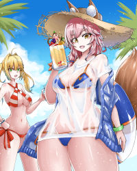 Rule 34 | 10s, 2girls, ahoge, animal ears, bead bracelet, beads, bikini, bikini under clothes, blonde hair, blue bikini, bracelet, breasts, cleavage, collarbone, covered navel, criss-cross halter, day, ears through headwear, fang, fate/extra, fate/grand order, fate (series), food, fox ears, fox tail, fruit, green eyes, groin, hair intakes, halterneck, hat, highres, innertube, jewelry, large breasts, looking at viewer, looking down, multiple girls, navel, nero claudius (fate), nero claudius (fate) (all), nero claudius (swimsuit caster) (fate), ocean, open mouth, outdoors, palm tree, pink hair, ppyumeuleulu, red bikini, shirt, side-tie bikini bottom, straw hat, striped bikini, striped clothes, swim ring, swimsuit, tail, tamamo (fate), tamamo no mae (swimsuit lancer) (fate), tamamo no mae (swimsuit lancer) (second ascension) (fate), tree, twintails, wet, wet clothes, wet shirt, yellow eyes