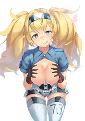 Rule 34 | 1girl, absurdres, belt, belt buckle, black gloves, black thighhighs, blue shirt, boots, breasts, breasts squeezed together, buckle, buttons, collared shirt, cowboy shot, dress shirt, eyebrows, eyelashes, gambier bay (kancolle), gloves, hair between eyes, hairband, head tilt, heart, heart-shaped pupils, highres, kantai collection, legs apart, looking at viewer, medium breasts, multicolored clothes, multicolored hairband, multicolored shorts, nipples, no bra, okamen, open clothes, open shirt, shirt, short sleeves, shorts, simple background, smile, solo, standing, symbol-shaped pupils, thigh boots, thighhighs, twintails, unbuttoned, unbuttoned shirt, white background, white footwear, zettai ryouiki