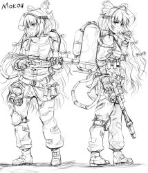 Rule 34 | 1girl, belt, boots, bow, cigarette, contemporary, explosive, female focus, flamethrower, fujiwara no mokou, gas mask, gloves, grenade, greyscale, hair bow, lleu, long hair, mask, military, monochrome, pants, sketch, solo, touhou, very long hair, weapon