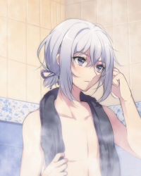 Rule 34 | 10s, 1boy, alternate hairstyle, androgynous, honebami toushirou, male focus, parted lips, personification, ponytail, purple eyes, qingshui ai, topless male, solo, steam, touken ranbu, towel, towel around neck, white hair