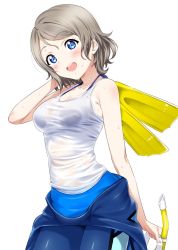 Rule 34 | 1girl, :d, bikini, bikini top only, bikini under clothes, blue bikini, blue eyes, blush, bodysuit, breasts, unworn clothes, diving suit, flippers, grey hair, hair between eyes, highres, looking at viewer, love live!, love live! sunshine!!, medium breasts, open mouth, sankuro (agoitei), scuba gear, see-through, see-through silhouette, short hair, simple background, smile, snorkel, solo, swimsuit, tank top, watanabe you, wet, wet clothes, wet hair, wetsuit, white background, | |