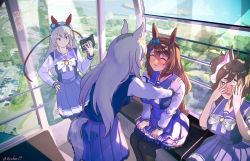 Rule 34 | animal ears, black legwear, blue eyes, blue sky, blush, book, braid, breasts, brown hair, closed eyes, commentary request, covering own eyes, day, ear covers, feet out of frame, ferris wheel interior, fox mask, frilled skirt, frills, green eyes, grey hair, grey legwear, hair between eyes, hairband, headband, highres, holding, holding book, horse ears, horse girl, horse tail, horseshoe ornament, imminent kiss, inari one (umamusume), large breasts, long hair, long sleeves, looking at another, looking to the side, mask, mask on head, medium hair, multiple girls, oguri cap (umamusume), open mouth, pleated skirt, purple shirt, purple skirt, reihou19, school uniform, shirt, signature, sitting, skirt, sky, smile, standing, super creek (umamusume), tail, tamamo cross (umamusume), thighhighs, tracen school uniform, twintails, umamusume, very long hair, winter uniform, yuri