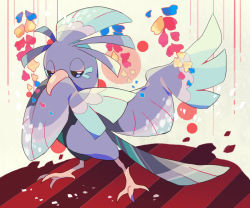 Rule 34 | akadako, animal focus, arm up, bird, blue flower, blue sclera, colored sclera, creatures (company), feathered wings, flower, full body, game freak, gen 7 pokemon, half-closed eyes, hand up, looking at viewer, nintendo, no humans, one-hour drawing challenge, oricorio, oricorio (sensu), pokemon, pokemon (creature), red flower, solo, standing, white eyes, wings, yellow background, yellow flower