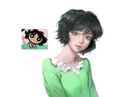 Rule 34 | 1girl, black hair, buttercup (ppg), buttercup redraw challenge (meme), dayglow1234, derivative work, green eyes, green pajamas, highres, looking at viewer, meme, pajamas, powerpuff girls, reference inset, screenshot inset, screenshot redraw, short hair, simple background, smile, solo, white background