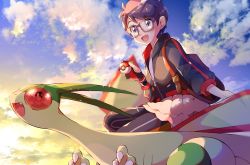 Rule 34 | 1girl, :d, absurdres, backpack, bag, brown bag, cloud, collaboration, commentary request, creatures (company), day, dynamax band, flygon, game freak, gen 3 pokemon, glasses, gloves, hand up, highres, holding, holding poke ball, jacket, miyama (yakinikusushi the royal), nintendo, open mouth, outdoors, partially fingerless gloves, poke ball, poke ball (basic), pokemon, pokemon (creature), pon yui, riding, riding pokemon, short hair, single glove, skirt, sky, smile, tongue, zipper pull tab