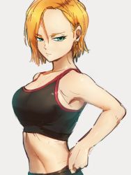 Rule 34 | 1girl, alternate costume, android 18, armpit peek, bare arms, bare shoulders, black bra, black shorts, blonde hair, blue eyes, bra, breasts, cleavage, closed mouth, collarbone, dragon ball, dragonball z, earrings, expressionless, eyelashes, frown, grey background, hair between eyes, half-closed eyes, hand on own hip, jewelry, kemachiku, large breasts, looking away, midriff, shiny skin, short hair, shorts, sideboob, simple background, solo, sports bra, straight hair, underwear, v-shaped eyebrows