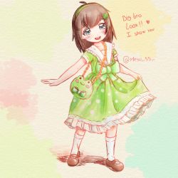 Rule 34 | 1girl, absurdres, ahoge, alternate costume, animal-shaped purse, artist name, bag, beige background, black footwear, blue background, blush, bow, brown hair, calf socks, chain, child, clothes lift, collar, collarbone, collared dress, dress, dress bow, dress lift, ears, english text, exclamation mark, eyebrows hidden by hair, female focus, freckles, frilled dress, frills, frog-shaped purse, full body, gold chain, gradient background, green background, green bow, green dress, green hair ornament, green hairband, hair ornament, hairband, hairclip, handbag, heart, highres, indie virtual youtuber, legs, lifting clothing, lily hopkins, looking at viewer, mary janes, medium hair, mesu-55, multicolored background, multicolored clothes, multicolored dress, neck, open mouth, outstretched arm, polka dot, polka dot dress, red background, ruffled dress, shoes, short-sleeved dress, short sleeves, signature, simple background, socks, solo, teeth, tongue, twitter username, upper teeth only, white collar, white footwear, white socks, white trim, yellow background