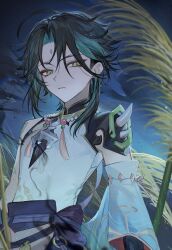 Rule 34 | 1boy, ahoge, arm tattoo, bead necklace, beads, black hair, closed mouth, detached sleeves, facial mark, forehead mark, genshin impact, green hair, highres, jewelry, looking at viewer, male focus, multicolored hair, necklace, night, outdoors, single detached sleeve, solo, tassel, tattoo, xiao (genshin impact), yellow eyes, zaso