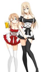 Rule 34 | 10s, 2girls, alcohol, anchor hair ornament, aqua eyes, bad id, bad pixiv id, beer, beer mug, bismarck (kancolle), blonde hair, blue eyes, blush, bomb (wooooof), breasts, cleavage, cup, dirndl, female focus, german clothes, hair ornament, highres, huge breasts, kantai collection, large breasts, long hair, looking at viewer, mug, multiple girls, no headwear, one eye closed, prinz eugen (kancolle), smile, thighhighs, thighhighs pull, twintails, wavy mouth, zettai ryouiki