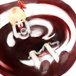 Rule 34 | 1girl, blonde hair, cup, female focus, from above, highres, red eyes, rumia, sakana (packetsjp), short hair, sitting, solo, spiral, touhou