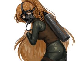 Rule 34 | 1girl, black bodysuit, bodysuit, brown vest, cowboy shot, diving mask, diving suit, goggles, high ponytail, highres, ishmael (project moon), limbus company, long hair, looking at viewer, na-gyou (nunumaru), orange eyes, orange hair, oxygen tank, project moon, sidelocks, simple background, solo, very long hair, vest, wet, wet clothes, white background