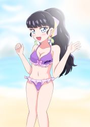 Rule 34 | 1girl, artist request, beach, bikini, black hair, blue eyes, blush, bow, bow bikini, breasts, cleavage, collarbone, delicious party precure, earrings, jewelry, kasai amane, long hair, looking at viewer, medium breasts, ocean, open mouth, ponytail, precure, purple bikini, purple bow, sand, smile, standing, swimsuit, water