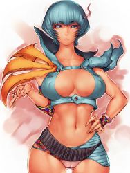 Rule 34 | 1girl, animification, blue hair, bracelet, breasts, cameltoe, character request, cleavage, covered erect nipples, denji sentai megaranger, fumio (rsqkr), gluteal fold, grey eyes, hip focus, jewelry, large breasts, lips, looking at viewer, navel, short hair, solo, super sentai, thighs
