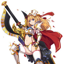 Rule 34 | 1girl, armor, aurora rokudo, bikini armor, blonde hair, blue eyes, blush, breasts, cape, commentary request, cowboy shot, female focus, gauntlets, greaves, grin, highres, huge weapon, large breasts, leg up, long hair, navel, original, simple background, smile, solo, sword, thighhighs, weapon, white background